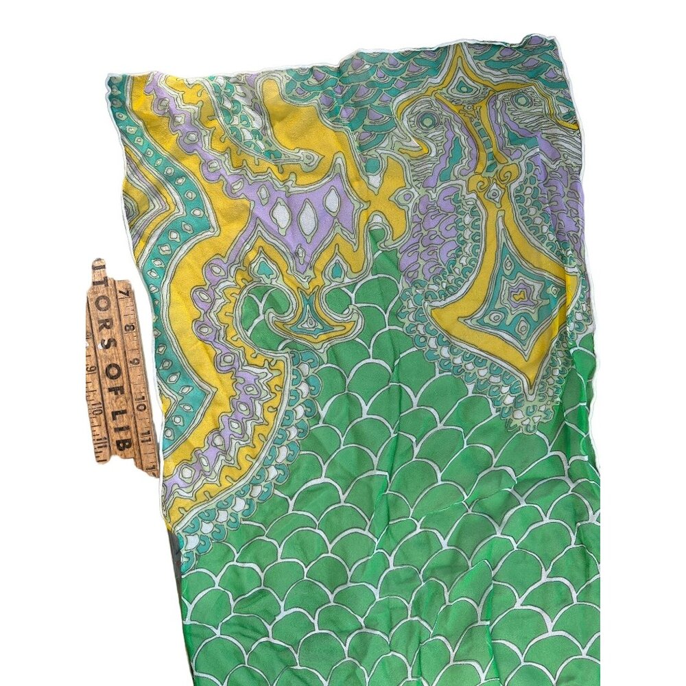 Vintage Chiffon Rectangle Scarf Green Mermaid Scales Silk Blend Neck Wrap